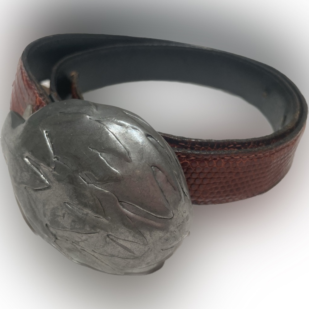 Robin Kahn vintage brown genuine lizard belt w silver artichoke prong buckle